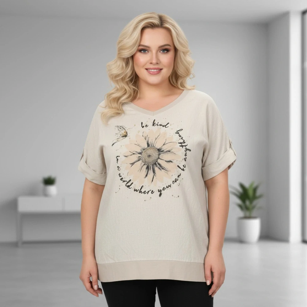 Bavlněné béžové triko Ila s viskózou UNI (XL–3XL) – Italská móda N2423