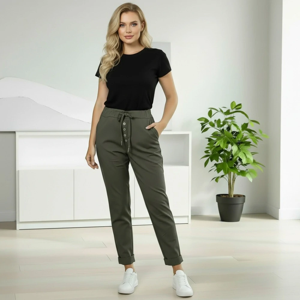 Dámské pružné tmavé khaki kalhoty Mio Moda J1725