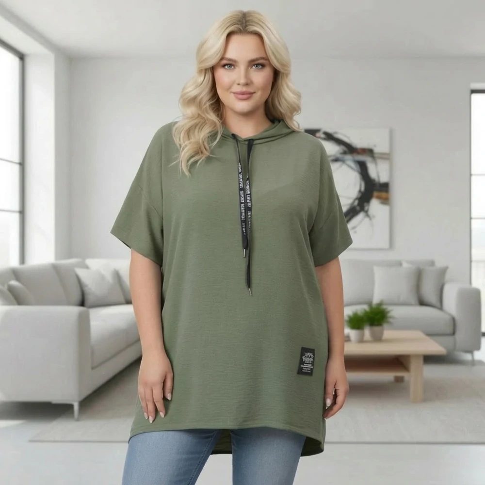 Italská móda - Dámská khaki tunika s kapucí pro plnoštíhlé univerzální velikost XL - XXXL O1578