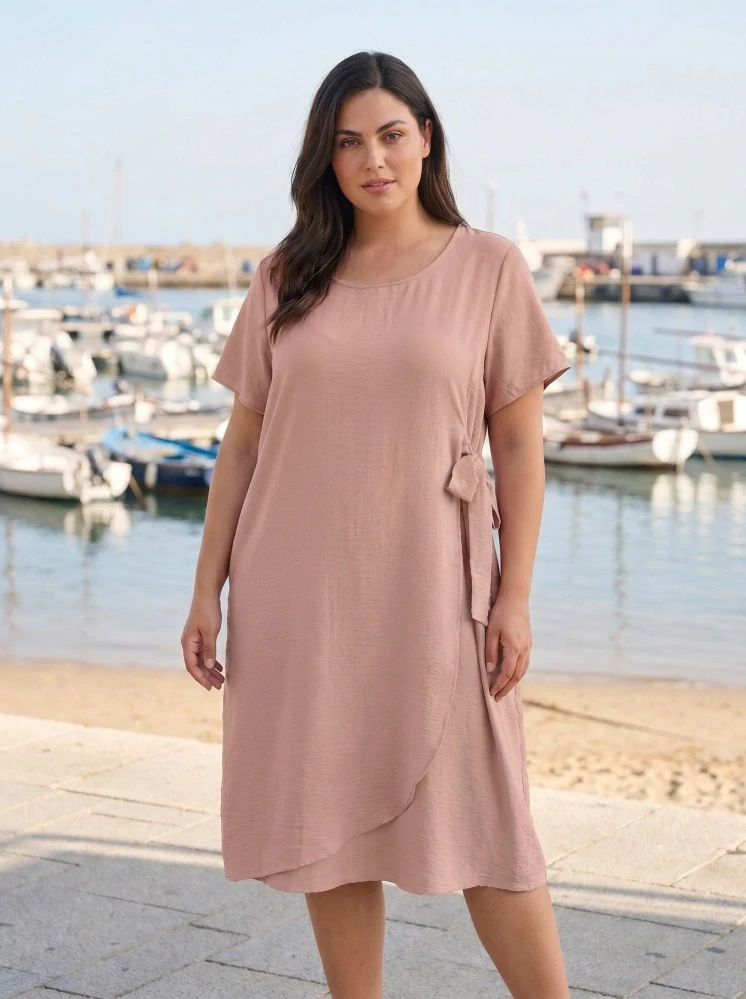 Elegantní béžové šaty S&F s bočním vázáním L582