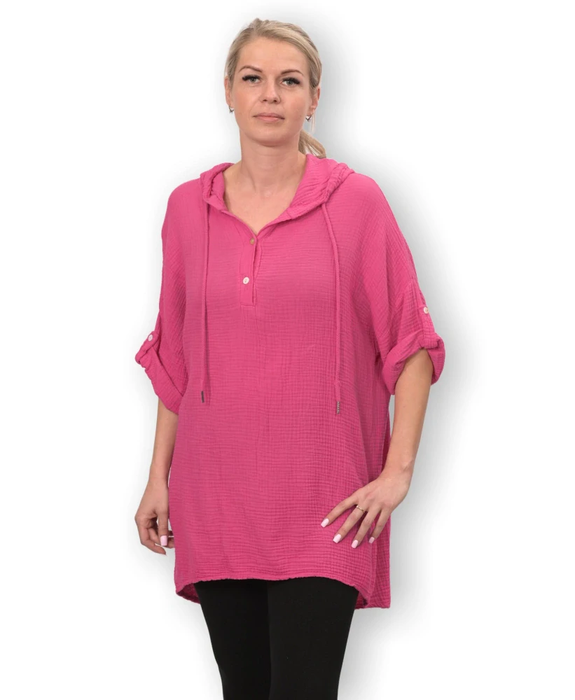 Dámská růžová dlouhá bavlněná mušelínová mikina s kapucí uni velikost L - XXXL N1534