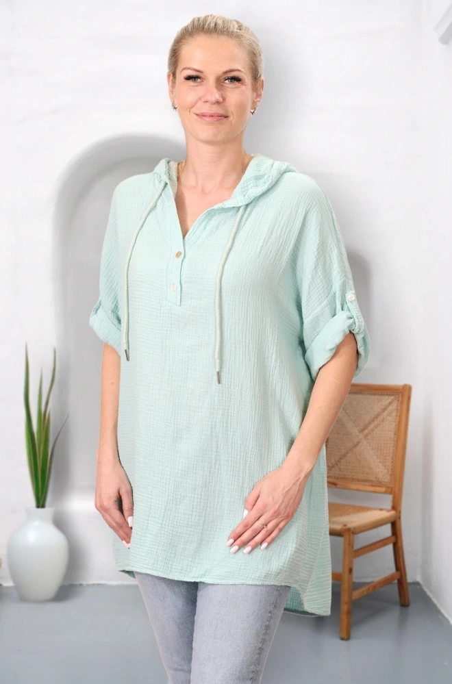 Dámská světle zelená dlouhá bavlněná mušelínová mikina s kapucí uni velikost L - XXXL N1576