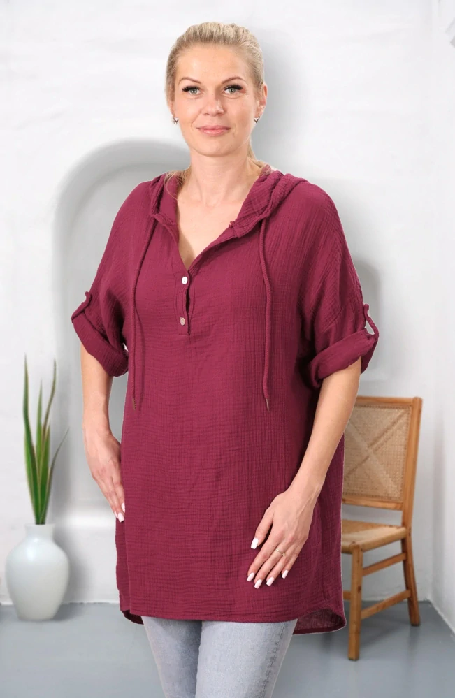 Dámská vínová dlouhá bavlněná mušelínová mikina s kapucí uni velikost L - XXXL N1577