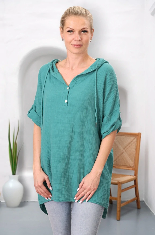 Dámská zelená dlouhá bavlněná mušelínová mikina s kapucí uni velikost L - XXXL N1578