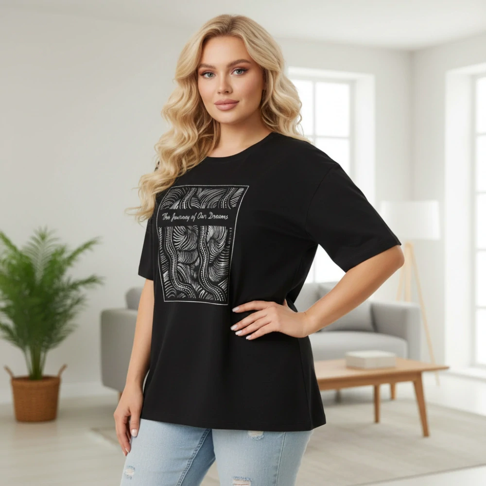 Dámské černé triko s potiskem v nadměrných velikostech XL - 4XL R1586