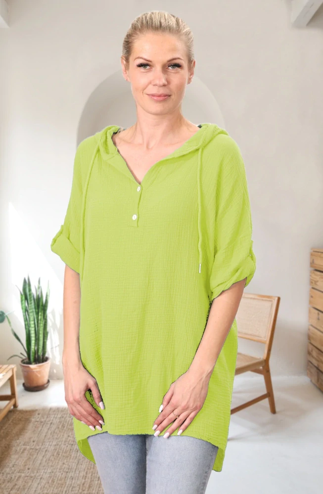 Dámská žlutozelená dlouhá bavlněná mušelínová mikina s kapucí uni velikost L - XXXL N1649
