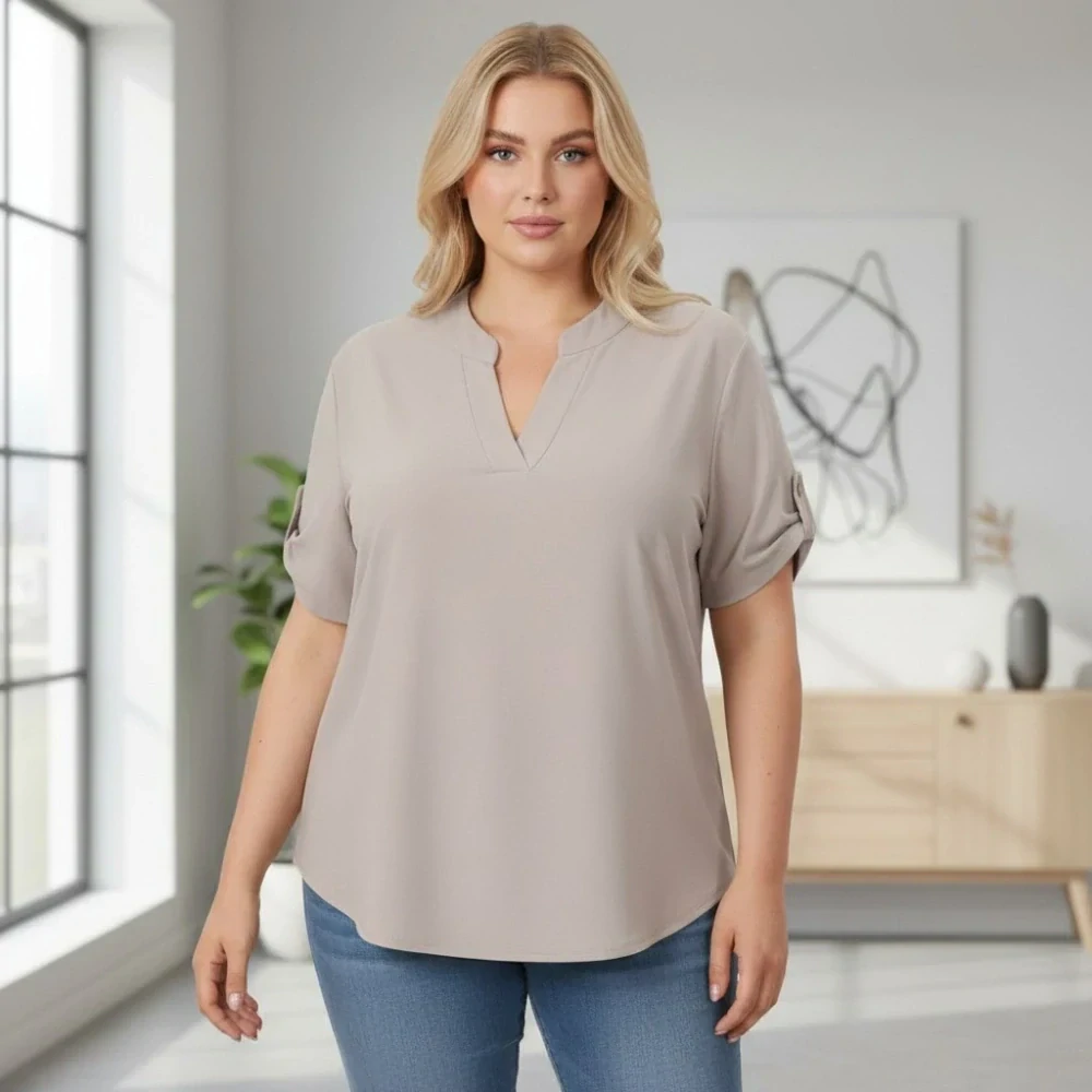 Dámská béžová košile styl Italská móda s krátkým rukávem uni velikost L - XXL O3000