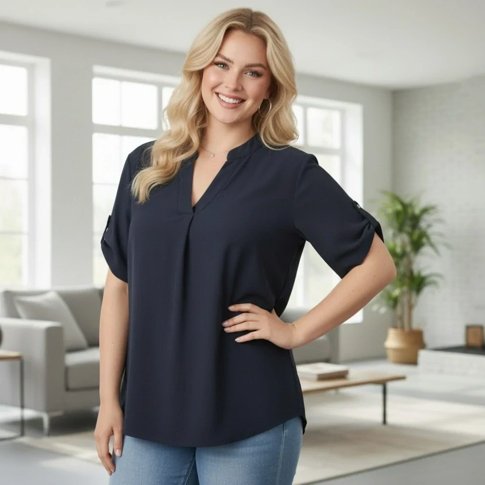 Dámská tmavě modrá košile styl Italská móda s krátkým rukávem uni velikost L - XXL O2997