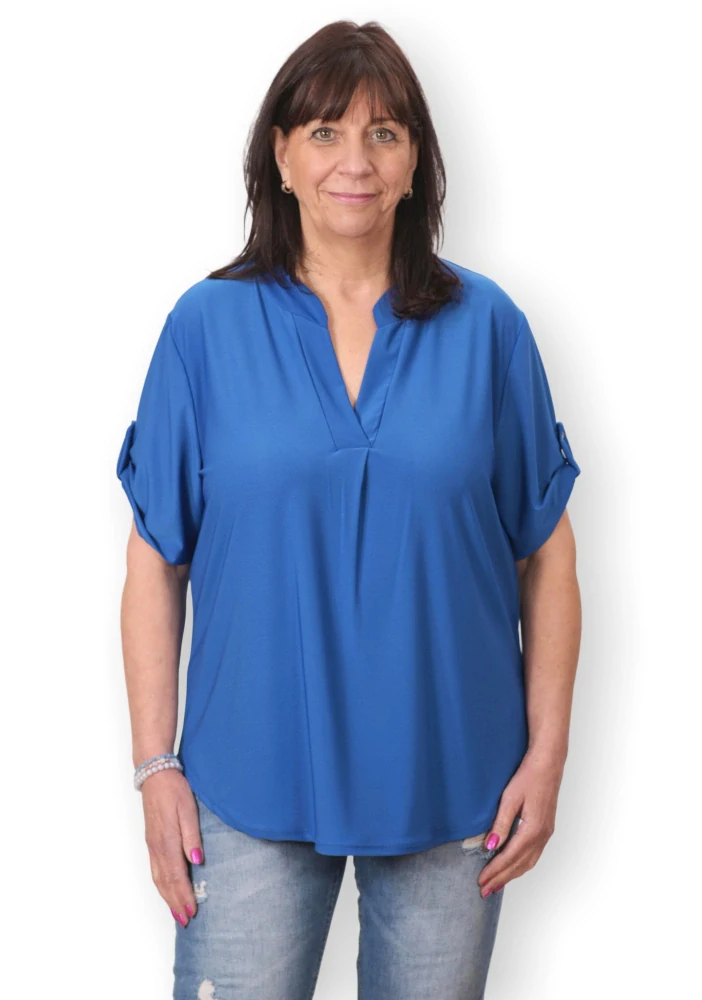 Dámská modrá košile styl Italská móda s krátkým rukávem uni velikost L - XXL O2995