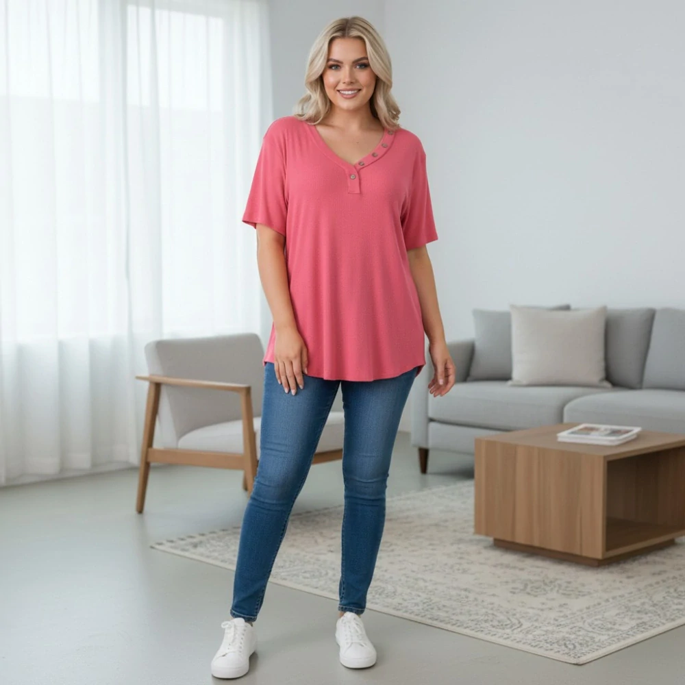 Růžové žebrované triko Lafee pro plnoštíhlé N2427