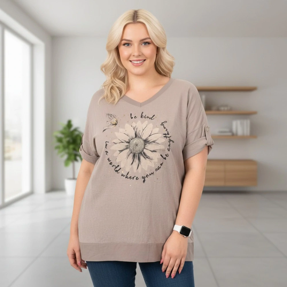 Bavlněné světle hnědé triko Ila s viskózou UNI (XL–3XL) – Italská móda N2425