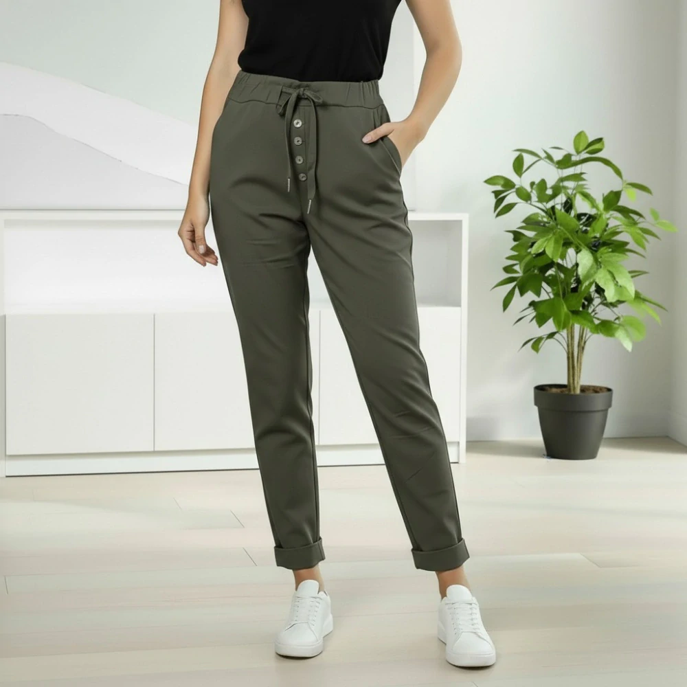 Dámské pružné tmavé khaki kalhoty Mio Moda J1725