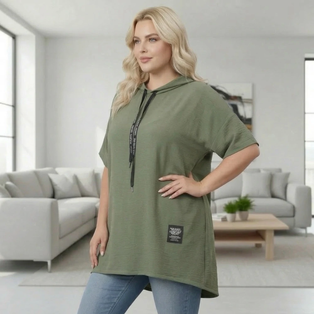 Italská móda - Dámská khaki tunika s kapucí pro plnoštíhlé univerzální velikost XL - XXXL O1578