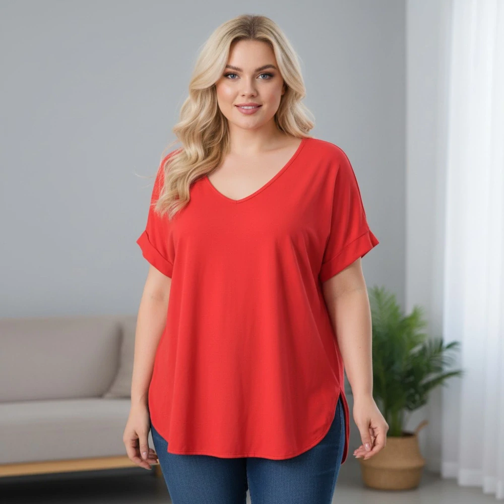 Dámské červené elegantní triko XL-3XL 100% bavlna N2367