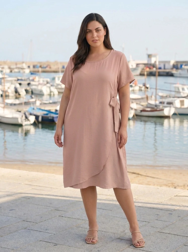 Elegantní béžové šaty S&F s bočním vázáním L582