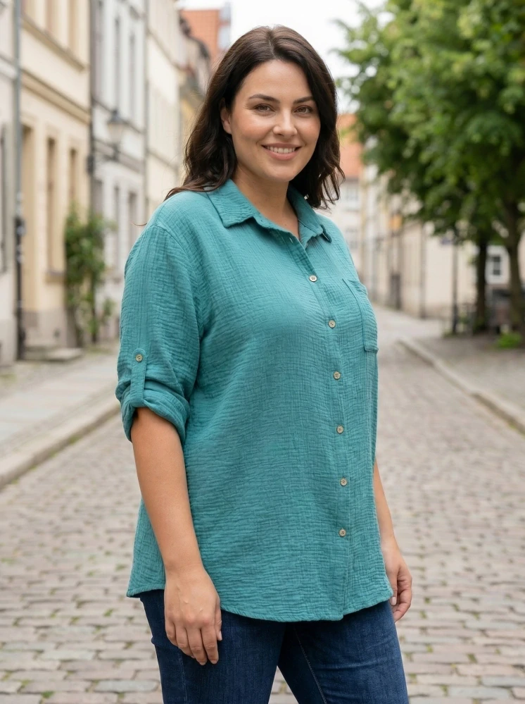 Petrol mušelínová košile Gil i pro plnoštíhlé N1810