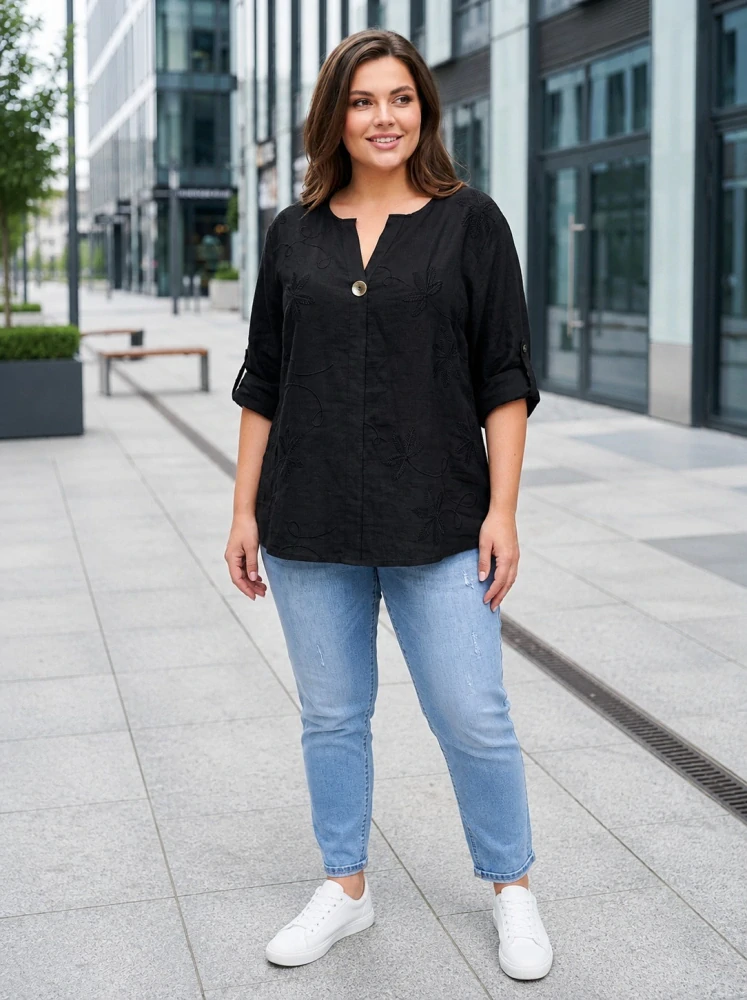 Dámská černá košile s výšivkou pohodlný volný střih XL–3XL M2985
