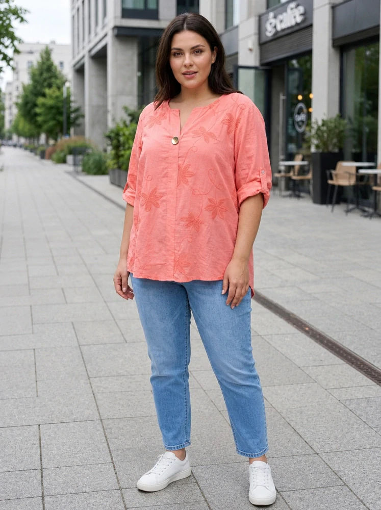 Dámská lososová košile s výšivkou pohodlný volný střih XL–3XL M2984
