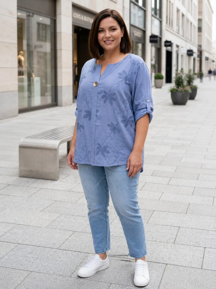 Dámská modrá košile s výšivkou pohodlný volný střih XL–3XL M2983