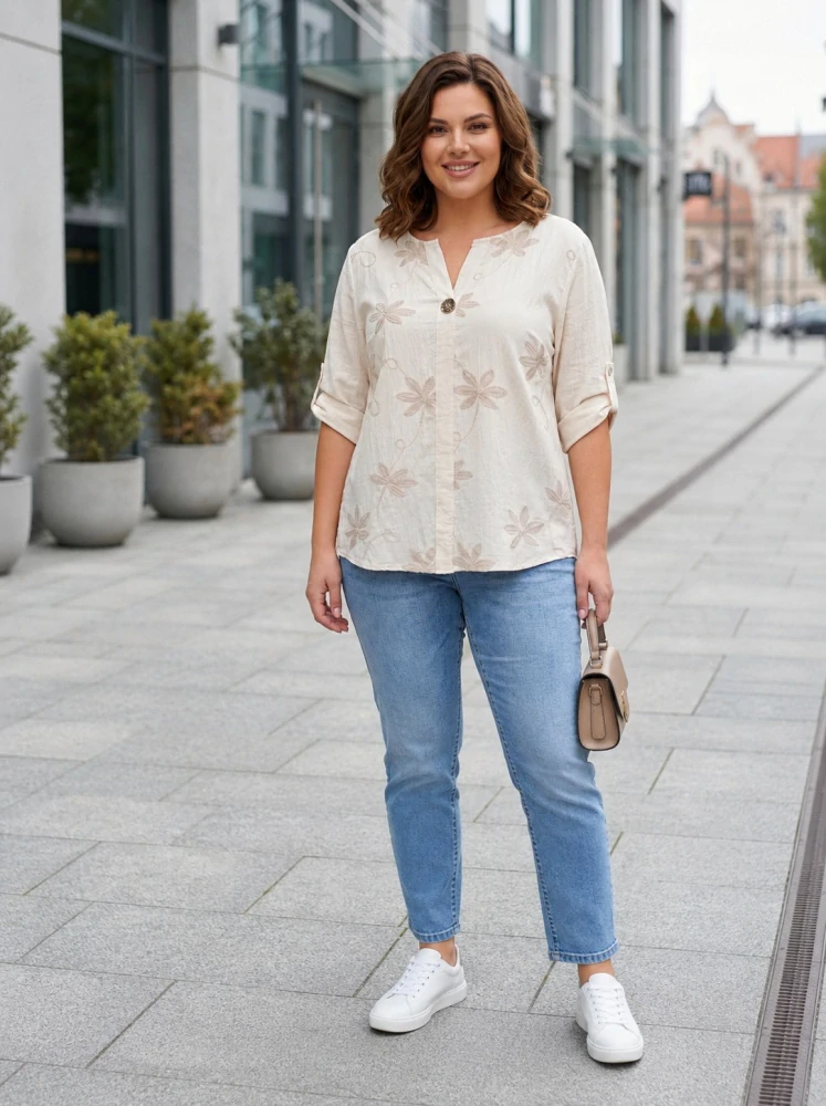 Dámská béžová košile s výšivkou pohodlný volný střih XL–3XL M2982