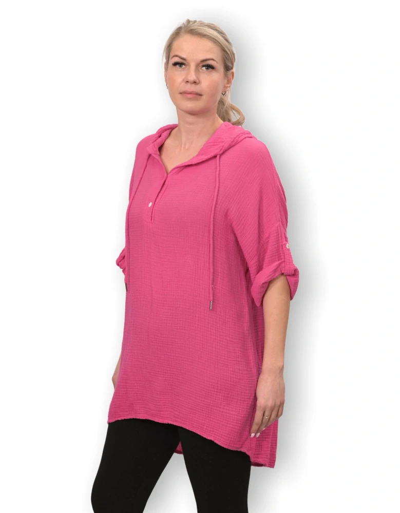 Dámská růžová dlouhá bavlněná mušelínová mikina s kapucí uni velikost L - XXXL N1534