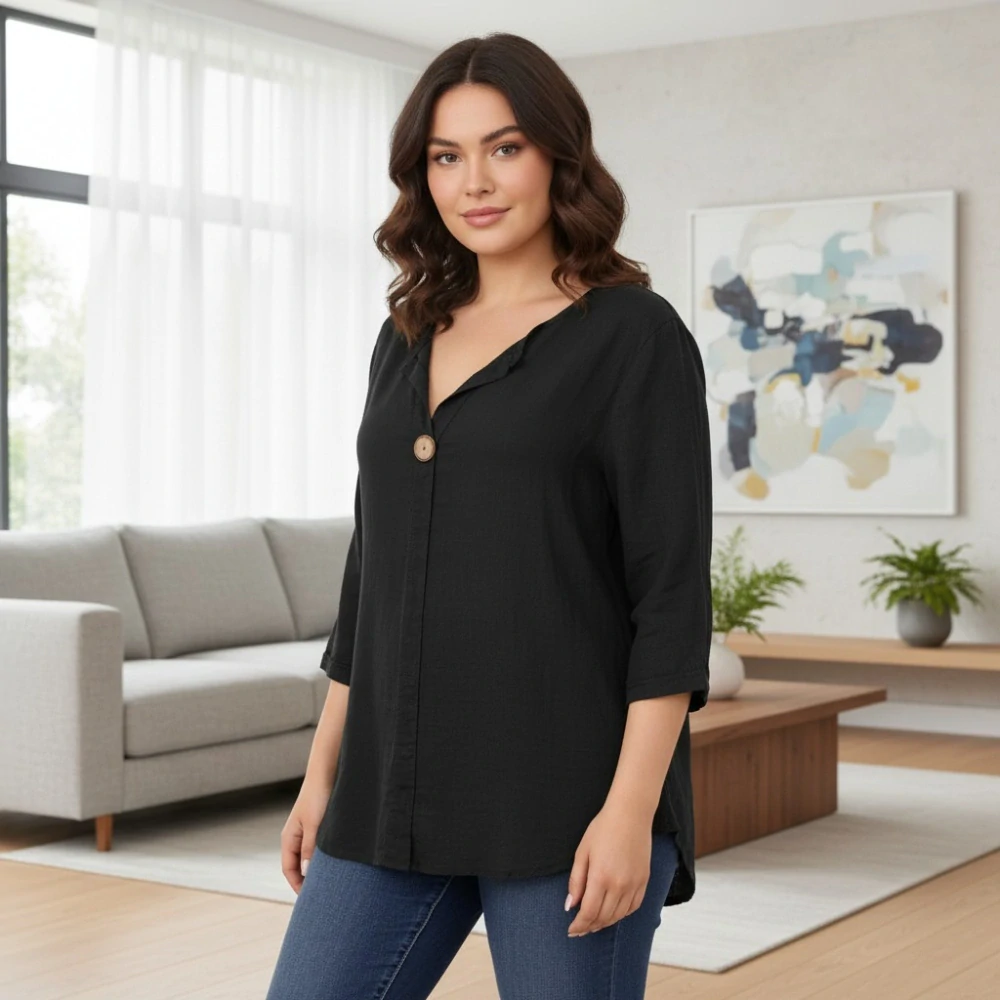 Dámská černá bavlněná košile s 3/4 rukávem uni velikost L-XXL R1565