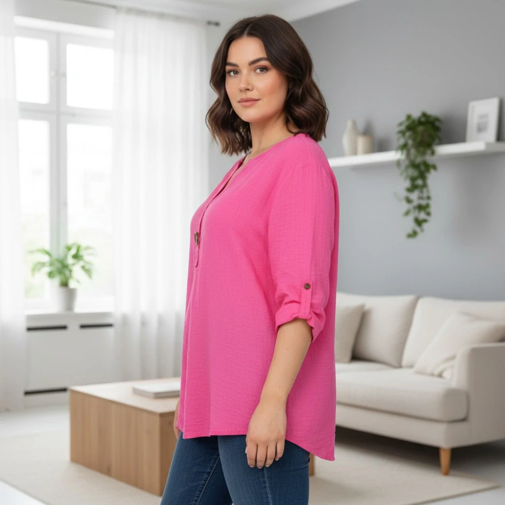 Dámská růžová bavlněná košile s 3/4 rukávem uni velikost L-XXL R1566