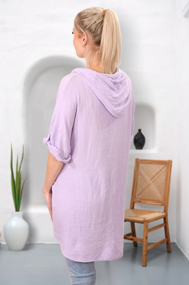 Dámská světle fialová dlouhá bavlněná mušelínová mikina s kapucí uni velikost L - XXXL N1575