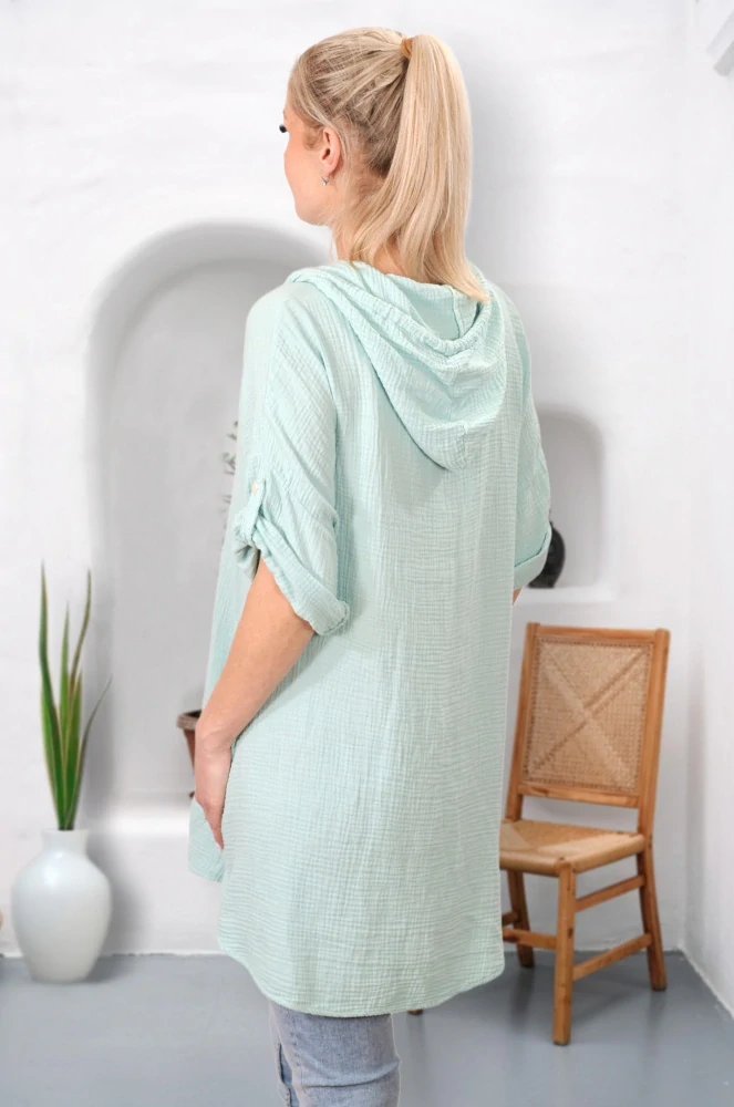Dámská světle zelená dlouhá bavlněná mušelínová mikina s kapucí uni velikost L - XXXL N1576