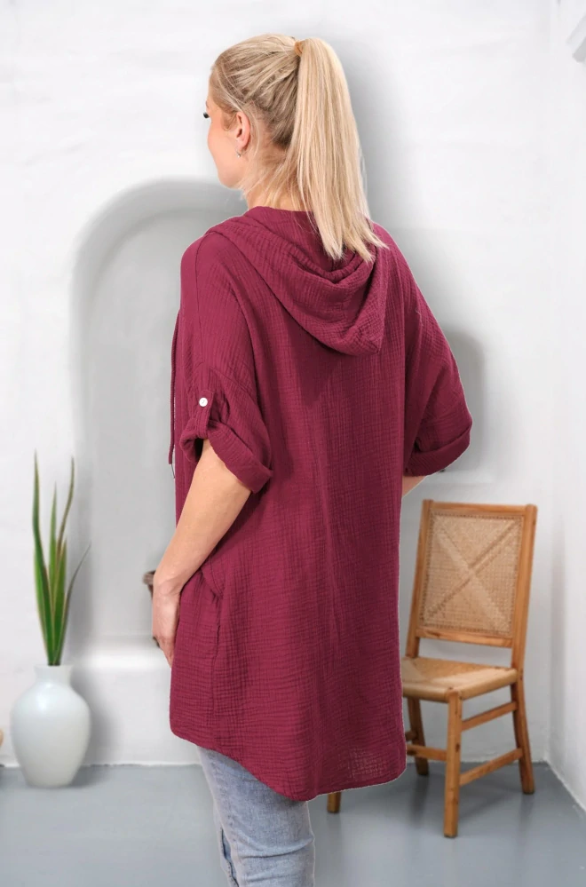 Dámská vínová dlouhá bavlněná mušelínová mikina s kapucí uni velikost L - XXXL N1577