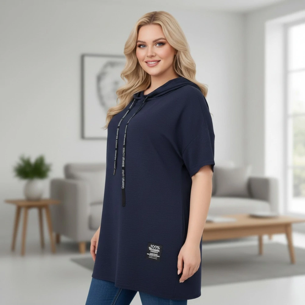 Italská móda - Dámská tmavě modrá tunika s kapucí pro plnoštíhlé univerzální velikost XL - XXXL O1648