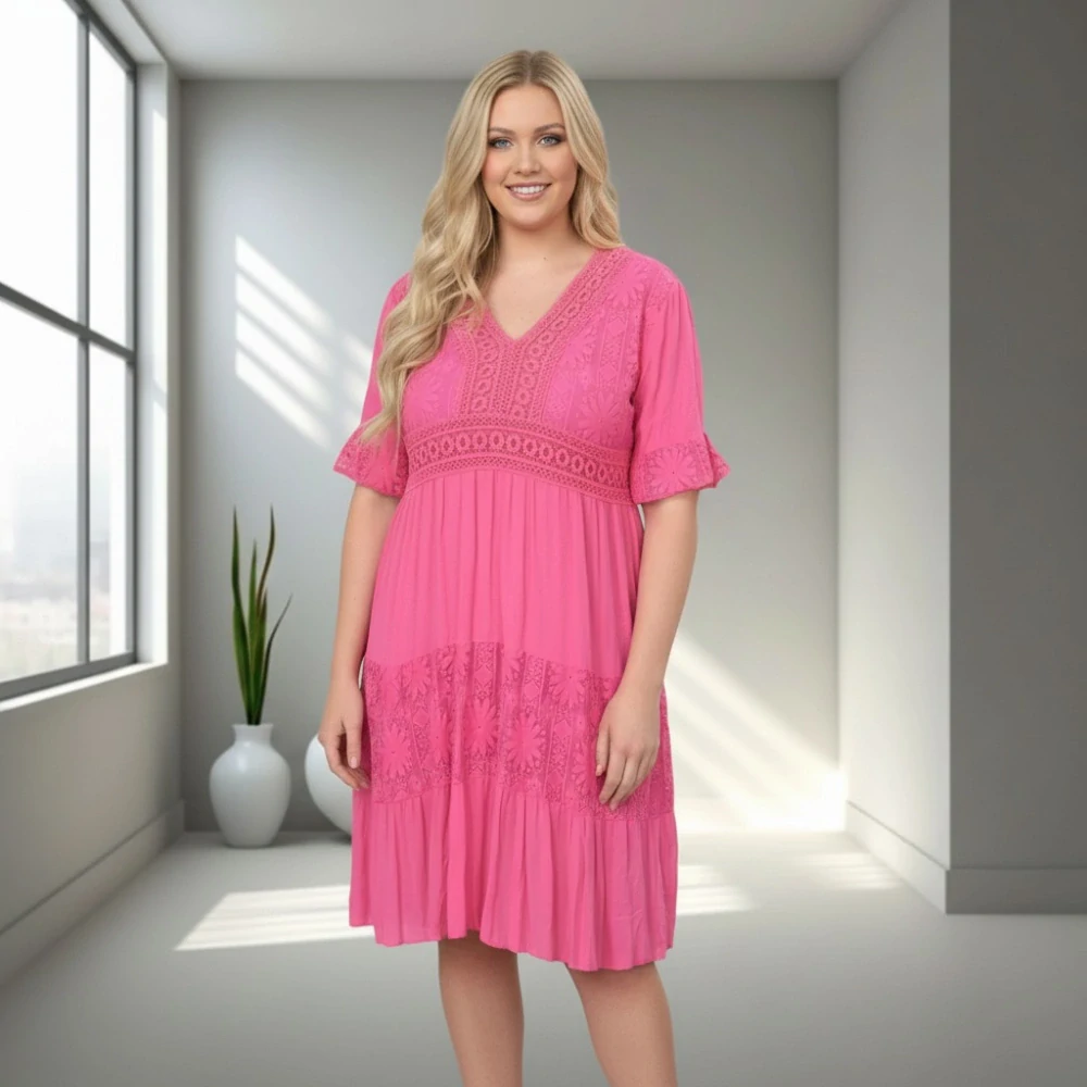 Dámské růžové letní šaty s krajkou uni velikost L-XXL N1654