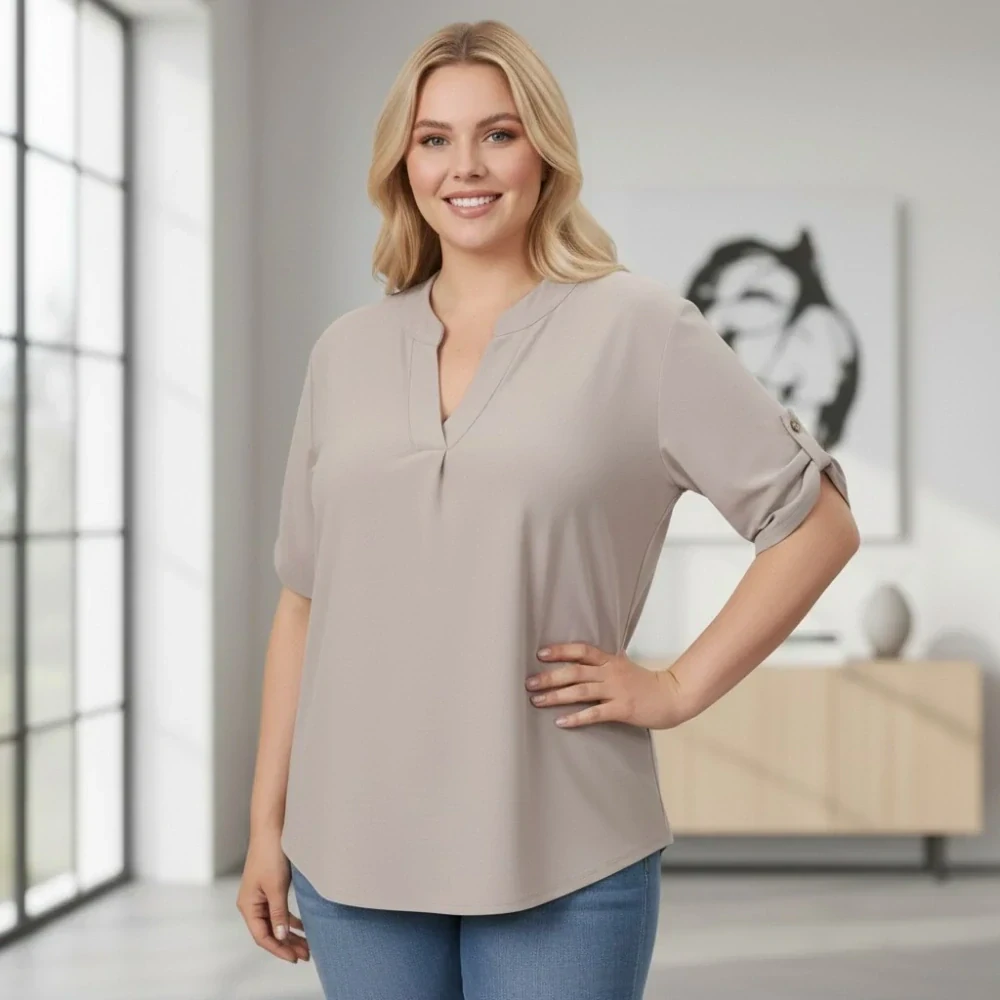 Dámská béžová košile styl Italská móda s krátkým rukávem uni velikost L - XXL O3000