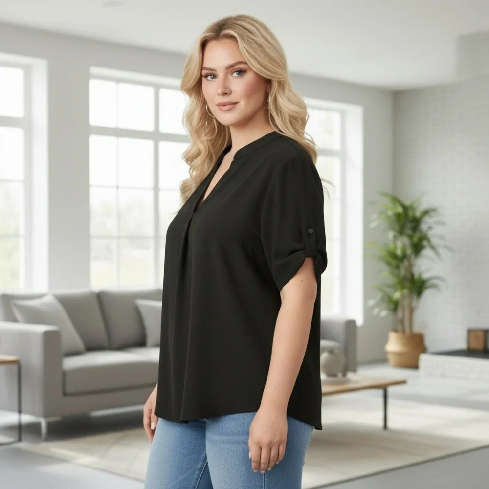 Dámská černá košile styl Italská móda s krátkým rukávem uni velikost L - XXL O2999