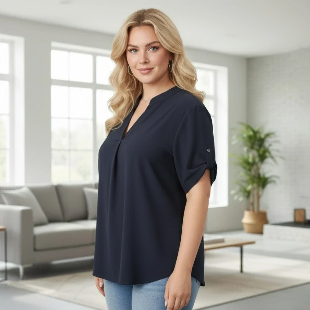 Dámská tmavě modrá košile styl Italská móda s krátkým rukávem uni velikost L - XXL O2997