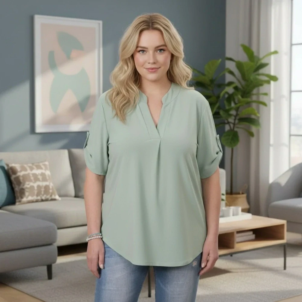 Dámská zelenkavá košile styl Italská móda s krátkým rukávem uni velikost L - XXL O2996