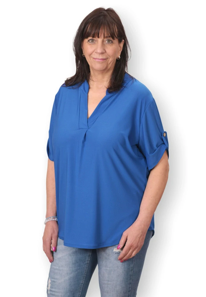 Dámská modrá košile styl Italská móda s krátkým rukávem uni velikost L - XXL O2995
