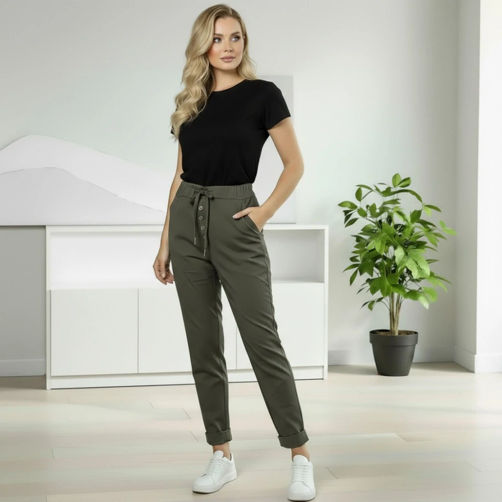Dámské pružné tmavé khaki kalhoty Mio Moda J1725