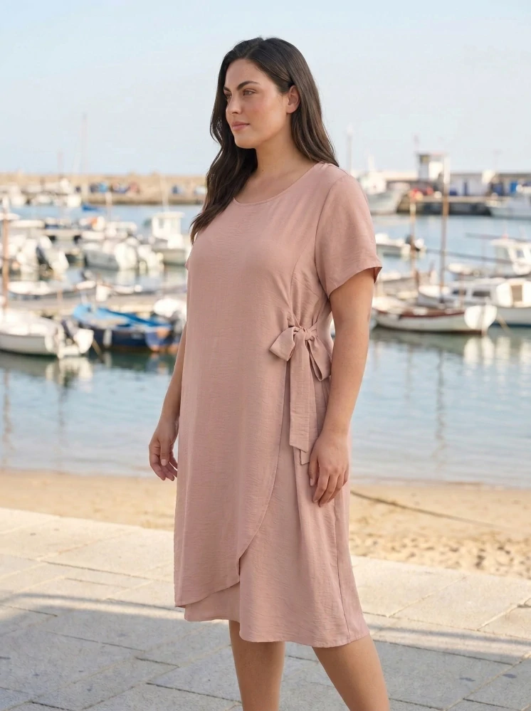 Elegantní béžové šaty S&F s bočním vázáním L582
