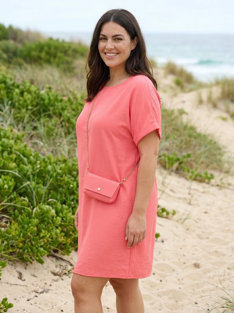 Lososové letní šaty s kabelkou L569