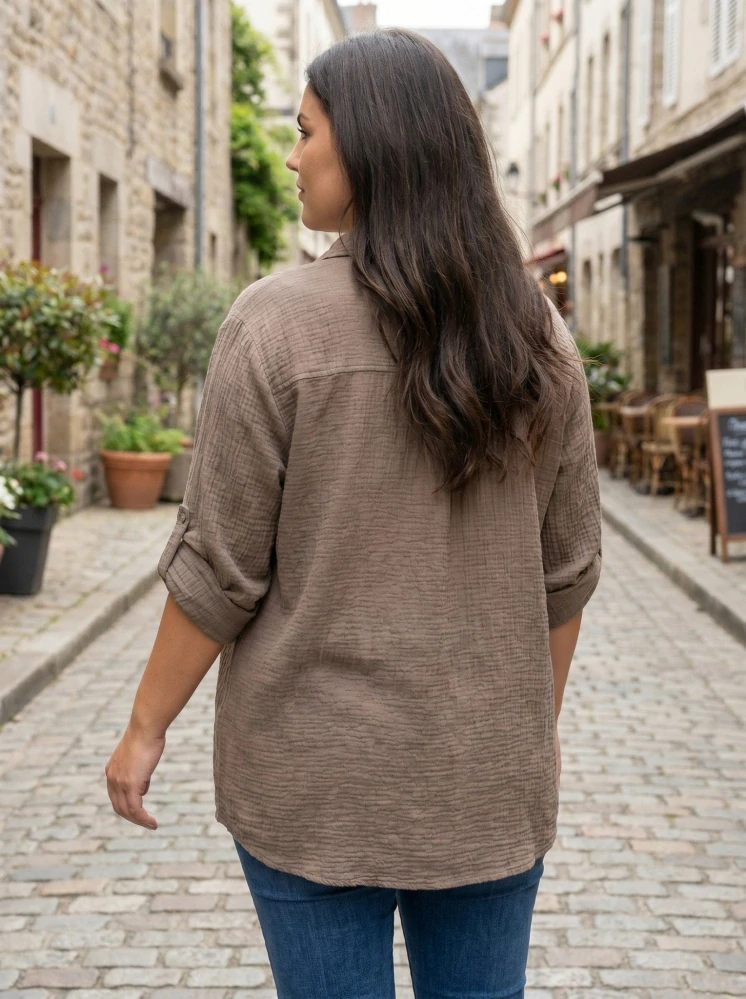 Hnědá mušelínová košile Gil i pro plnoštíhlé N1814