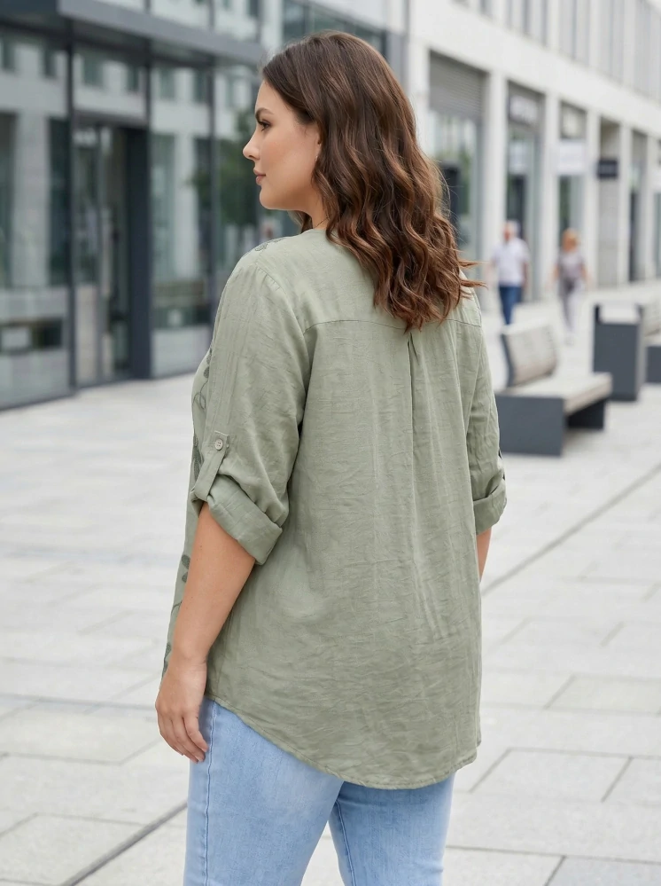Dámská khaki košile s výšivkou pohodlný volný střih XL–3XL M2986