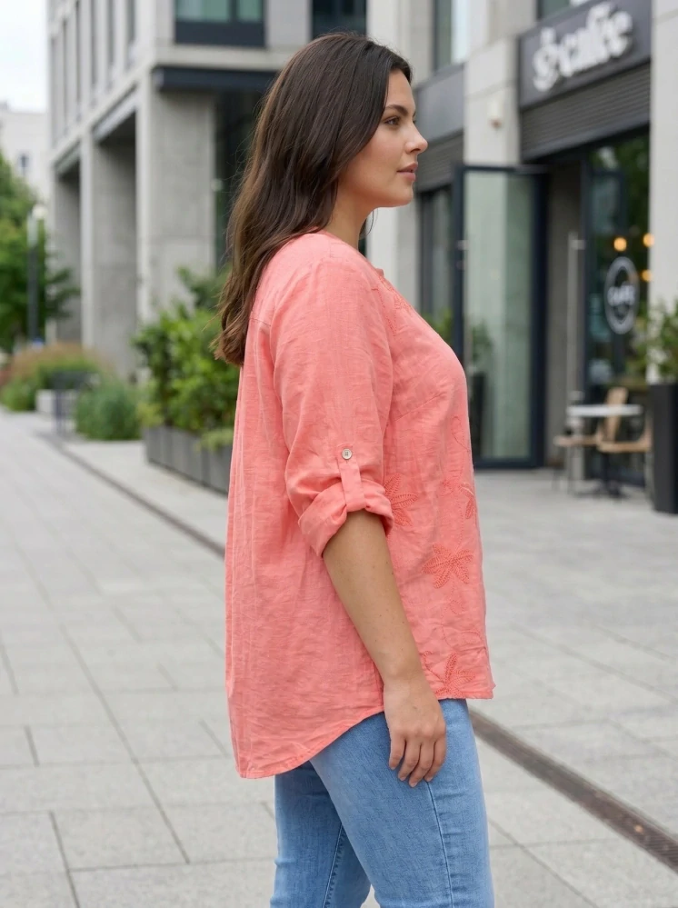 Dámská lososová košile s výšivkou pohodlný volný střih XL–3XL M2984