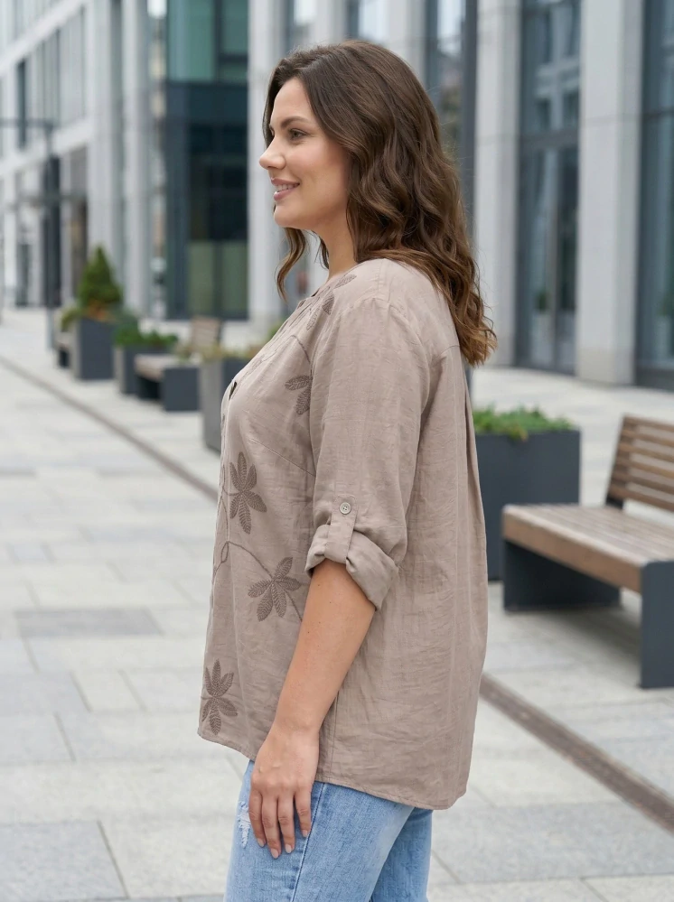 Dámská hnědá košile s výšivkou pohodlný volný střih XL–3XL M2980