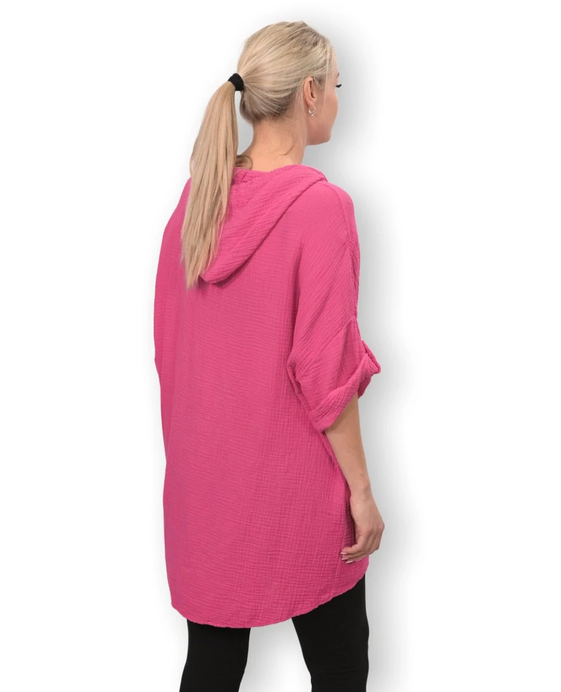 Dámská růžová dlouhá bavlněná mušelínová mikina s kapucí uni velikost L - XXXL N1534
