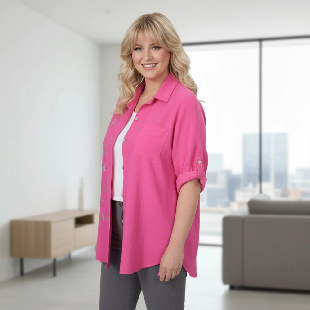 Dámská růžová dlouhá košile v nadměrné univerzální velikosti XL - XXXL P1804