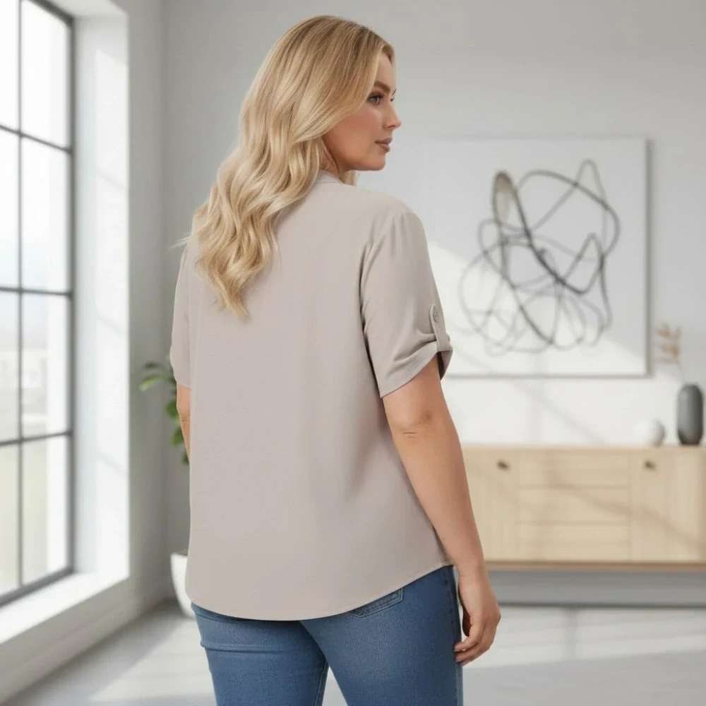 Dámská béžová košile styl Italská móda s krátkým rukávem uni velikost L - XXL O3000