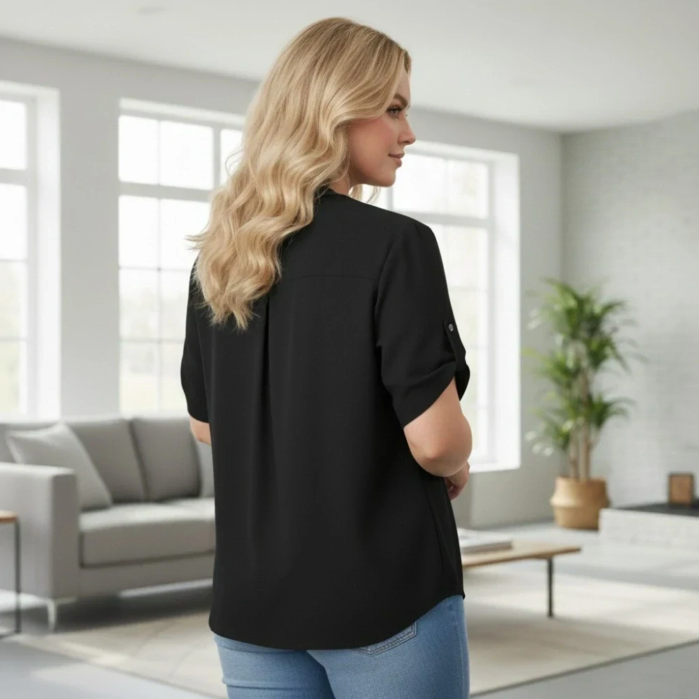 Dámská černá košile styl Italská móda s krátkým rukávem uni velikost L - XXL O2999