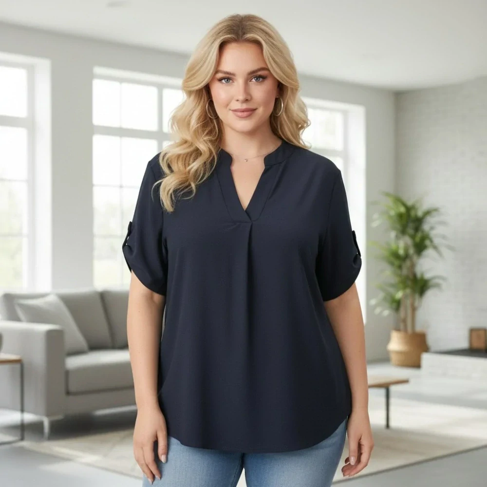 Dámská tmavě modrá košile styl Italská móda s krátkým rukávem uni velikost L - XXL O2997