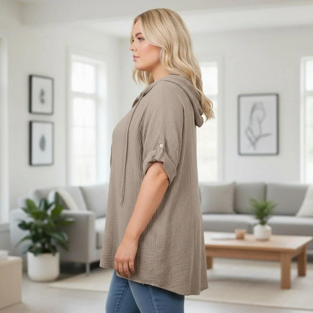 Dámská hnědá dlouhá bavlněná mušelínová tunika s kapucí nadměrná velikost - italská móda M1744